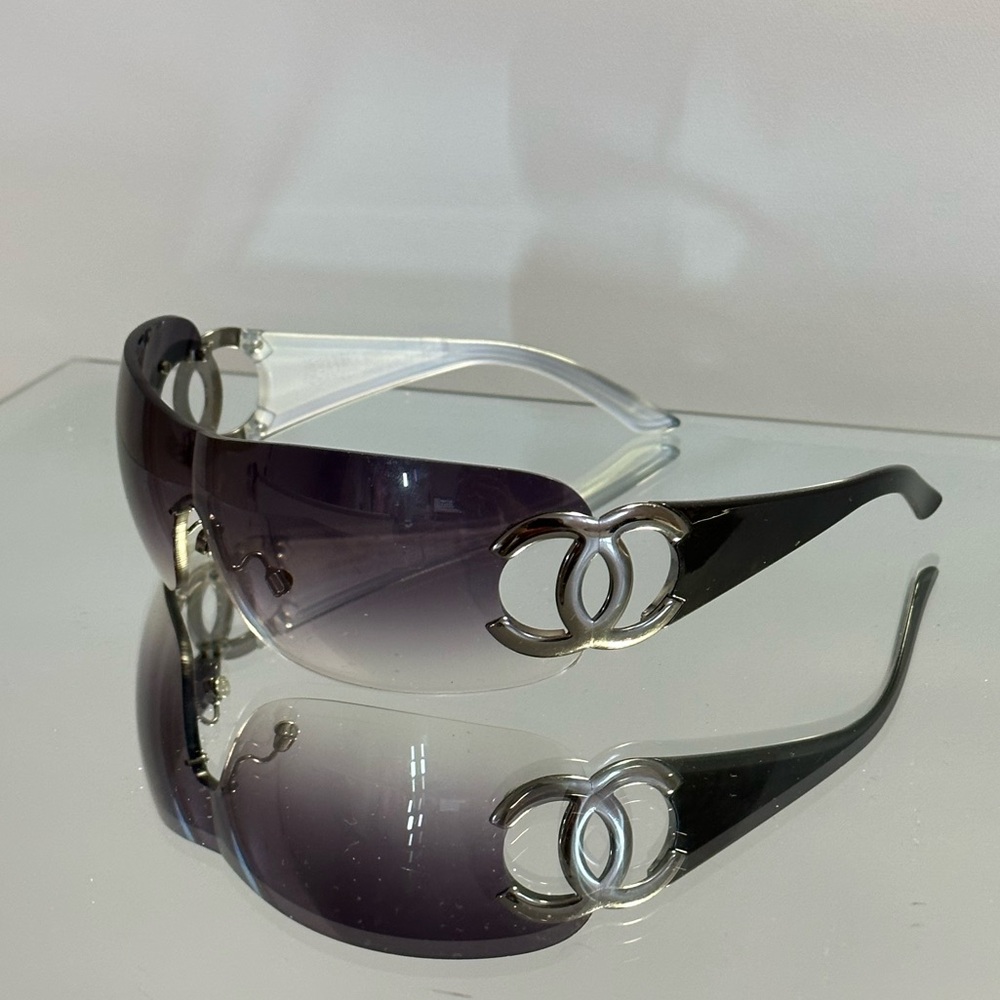 Chanel 2000’s gray + black shield sunglasses
